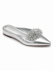 Women’s Rhinestone Mule Flats – Pointed Toe Metallic Slip On Loafers with Crystal Flower Detail