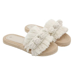 Ivory Fringe Handwoven Slide Sandals