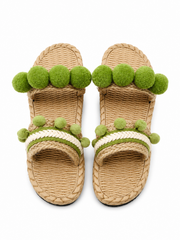 Boho Pom Pom Raffia Sandals for Women β Handmade Woven Flat Summer Slide Sandals
