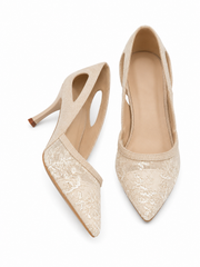 Vintage Lace Mesh Kitten Heel Pumps for Women – Elegant Pointed Toe Wedding Heels