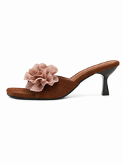 Women’s Floral High Heel Mule Sandals – Elegant Mesh Flower Slide Heels for Party & Date Night