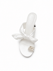 Women's Bow Knot Heeled Sandals – Elegant Open Toe Slip-On Mule Heels with Rhinestone Buckle