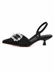 Rhinestone Buckle Slingback Heels for Women – Pointed Toe Denim Kitten Heel Pumps, Vintage Glam Dress Shoes