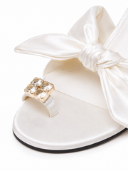 Women's Bow Knot Heeled Sandals – Elegant Open Toe Slip-On Mule Heels with Rhinestone Buckle