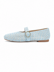 Women’s Woven Mary Jane Flats – Breathable Raffia Knit Ballet Shoes with Buckle Strap