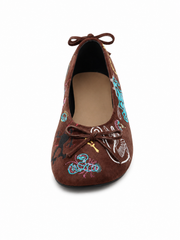 Vintage Embroidered Ballet Flats for Women – Retro Suede Bow Tie Slip On Loafers