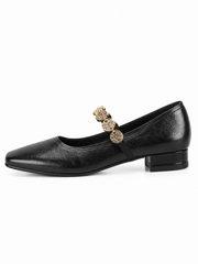 Vintage Gold Chain Mary Jane Flats – Square Toe Soft Leather Ballet Shoes for Women