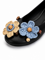 Women’s Black Ballet Flats – Comfortable Flat Shoes with Woven Flower & Wooden Bead Detail