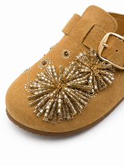 Women's Suede Clog Mules with Statement Beaded Flower Buckle