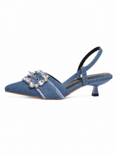 Rhinestone Buckle Slingback Heels for Women – Pointed Toe Denim Kitten Heel Pumps, Vintage Glam Dress Shoes