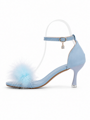 Blue Feather Ankle Strap Heels for Women – Elegant Stiletto Sandals with Fluffy Feather Detail
