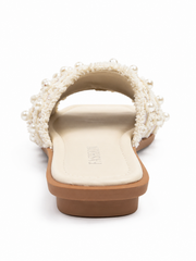 Women’s Pearl Embellished Slide Sandals – Boho Woven Flat Summer Slippers