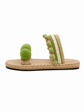 Boho Pom Pom Raffia Sandals for Women – Handmade Woven Flat Summer Slide Sandals