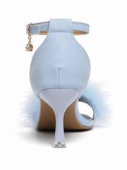 Blue Feather Ankle Strap Heels for Women – Elegant Stiletto Sandals with Fluffy Feather Detail