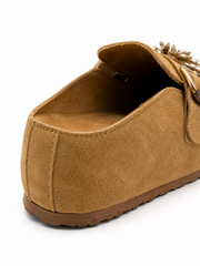 Women's Suede Clog Mules with Statement Beaded Flower Buckle