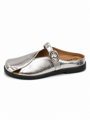 Metallic Silver Buckle Mules for Women – Retro Closed Toe Slip-On Flats