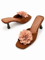 Women’s Floral High Heel Mule Sandals – Elegant Mesh Flower Slide Heels for Party & Date Night