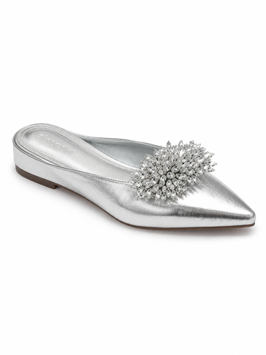 Women’s Rhinestone Mule Flats – Pointed Toe Metallic Slip On Loafers with Crystal Flower Detail