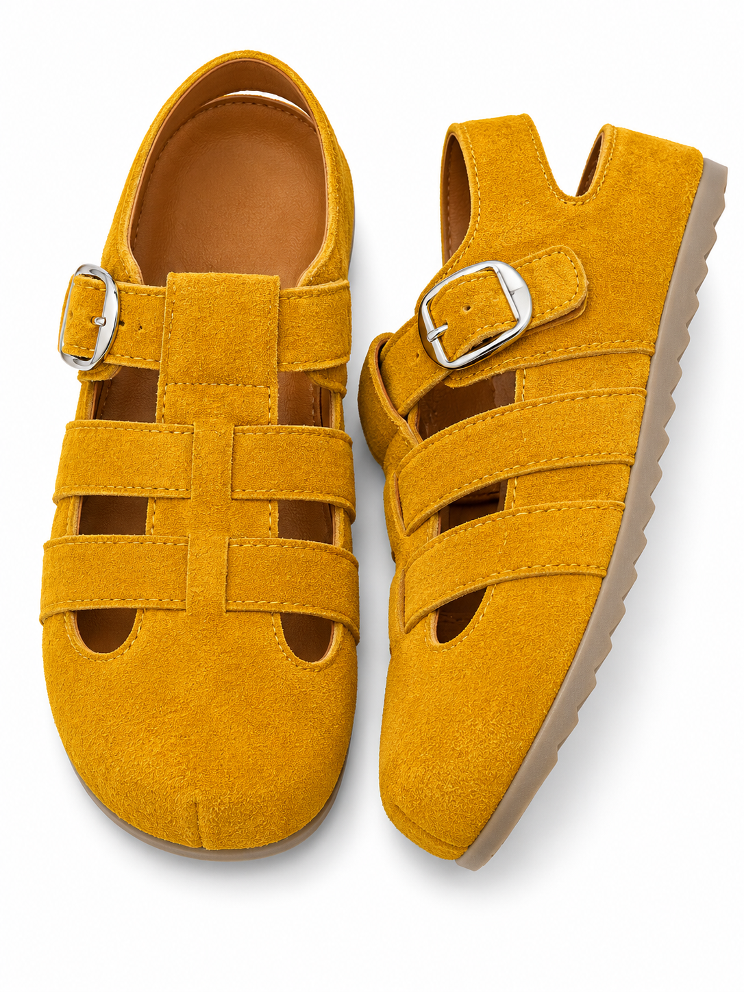 Women’s Fisherman Mary Jane Flats – Retro Cutout Buckle Ballet Shoes with Soft Suede Finish