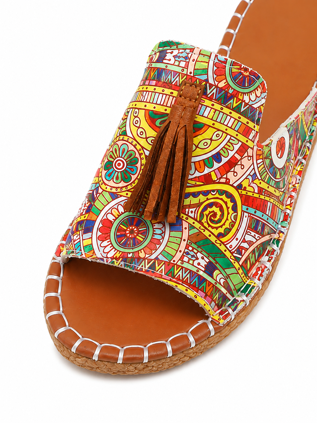 🌞 Boho Tassel Slide Sandals for Women – Vintage Ethnic Print Comfort Flat Summer Slip-On Sandals