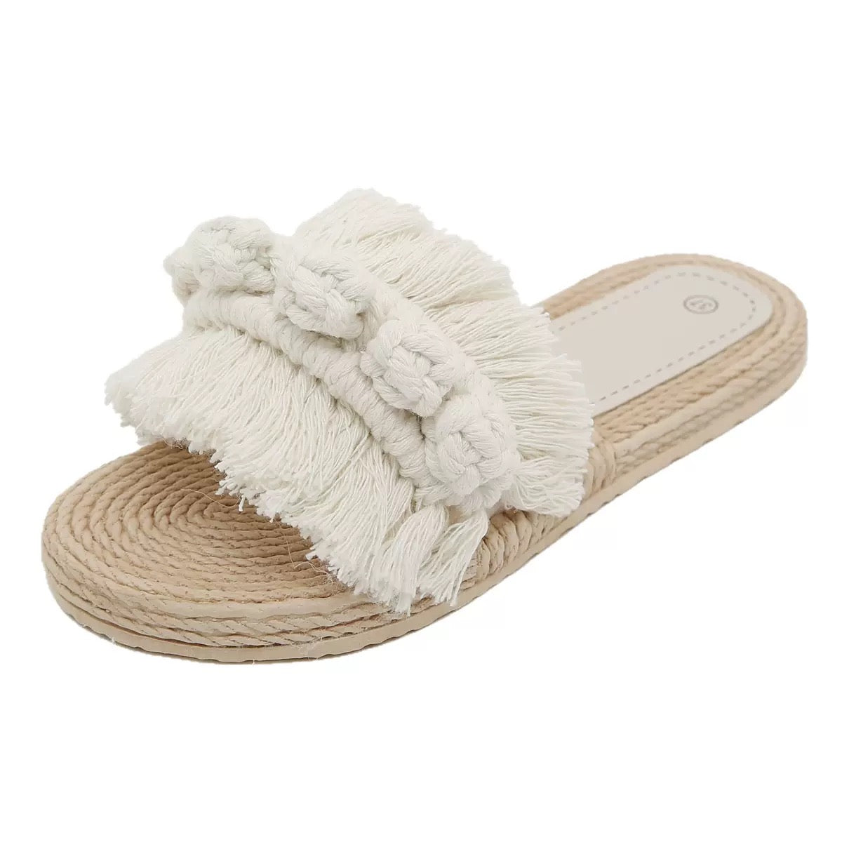 Ivory Fringe Handwoven Slide Sandals