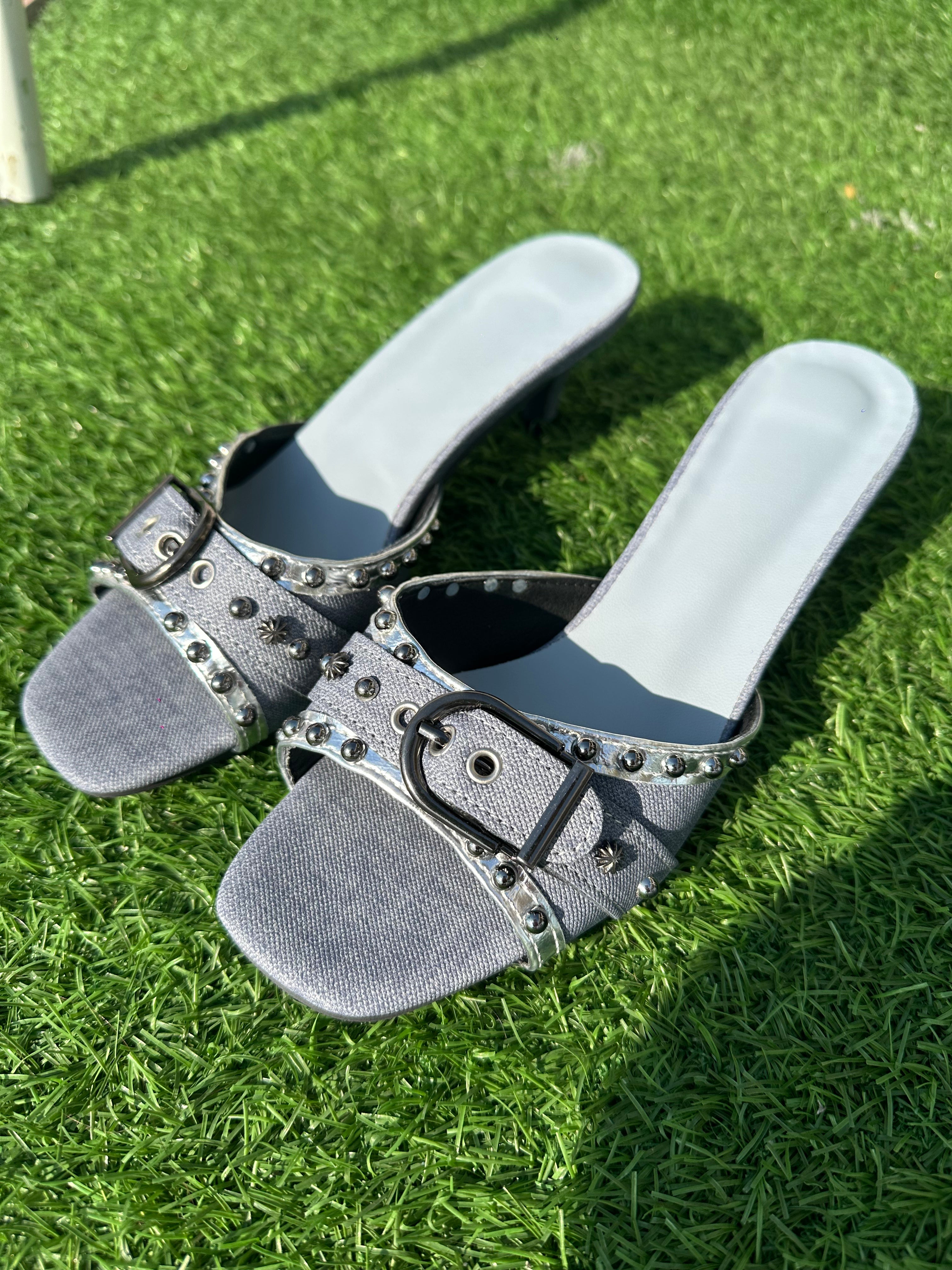 Studded Denim Kitten Heel Mules – Y2K Open Toe Heels