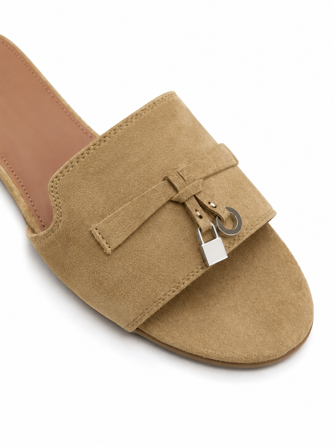 Women’s Minimalist Slide Sandals – Suede Flat Mule Slippers with Buckle Detail