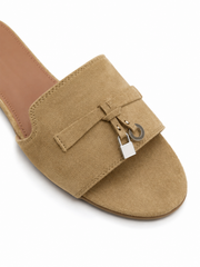 Women’s Minimalist Slide Sandals – Suede Flat Mule Slippers with Buckle Detail
