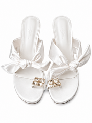 Women's Bow Knot Heeled Sandals – Elegant Open Toe Slip-On Mule Heels with Rhinestone Buckle