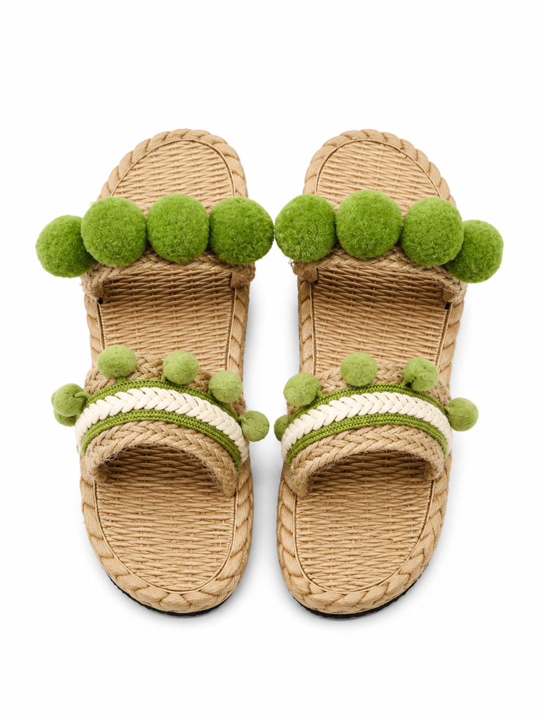 Boho Pom Pom Raffia Sandals for Women – Handmade Woven Flat Summer Slide Sandals