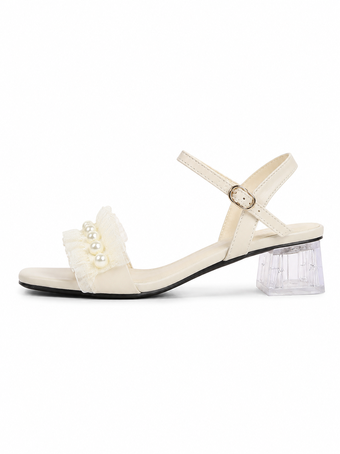 Pearl Bow Block Heel Sandals for Women – Elegant Slingback Dress Heels with Clear Heel