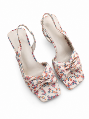Vintage Floral Slingback Heels for Women – Square Toe Bow Knot Kitten Heel Sandals, Retro Dress Shoes
