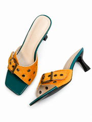 Retro Buckle Mule Heels for Women – Square Toe Kitten Heel Slide Sandals