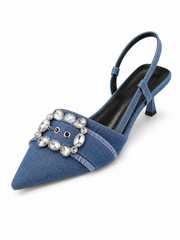 Rhinestone Buckle Slingback Heels for Women – Pointed Toe Denim Kitten Heel Pumps, Vintage Glam Dress Shoes