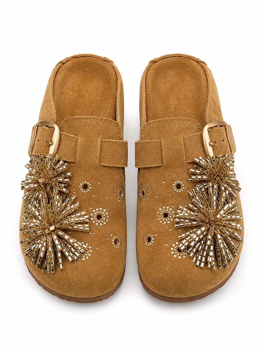 Women's Suede Clog Mules with Statement Beaded Flower Buckle