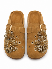 Women's Suede Clog Mules with Statement Beaded Flower Buckle