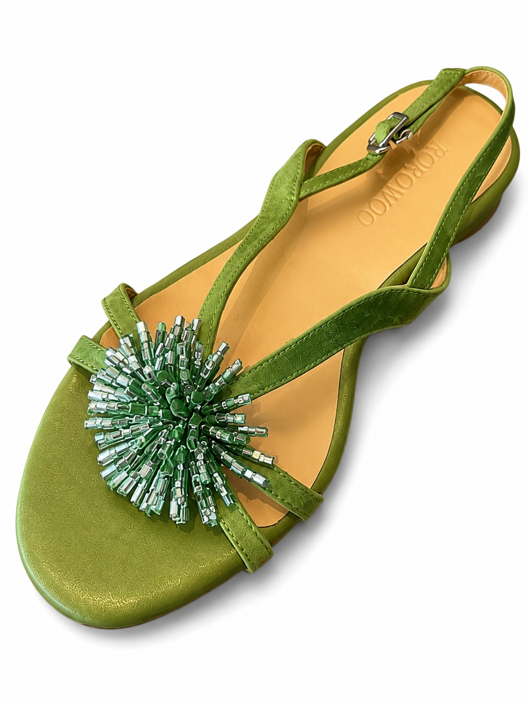 Green Beaded Slingback Heels – Elegant Mid Heel Summer Sandals for Women