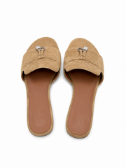 Women’s Minimalist Slide Sandals – Suede Flat Mule Slippers with Buckle Detail