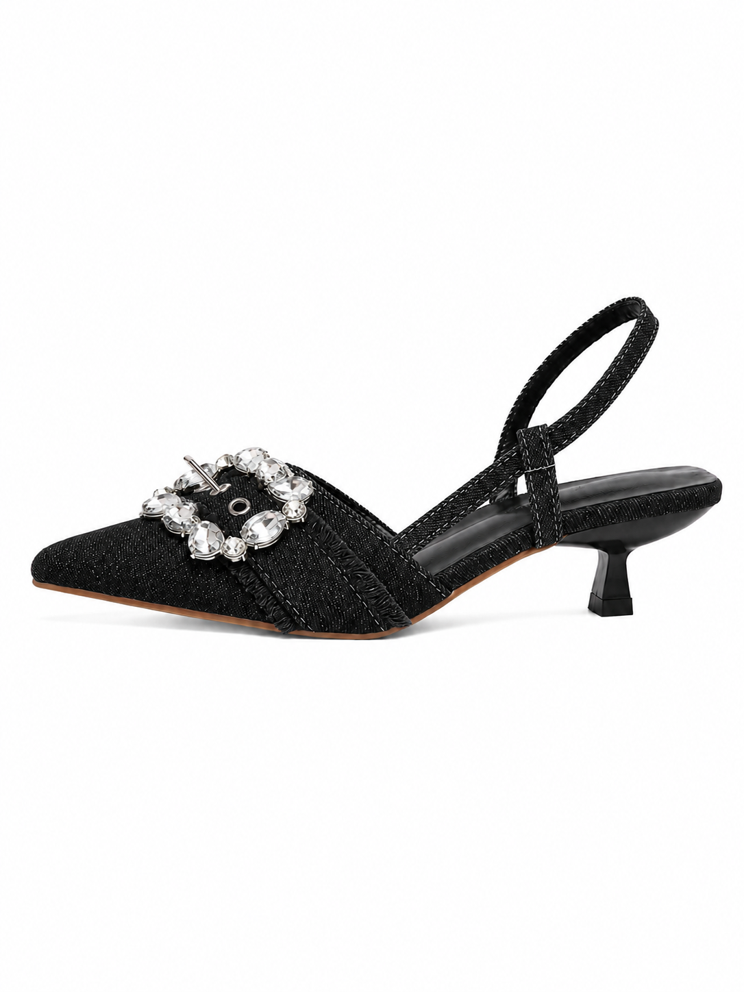 Rhinestone Buckle Slingback Heels for Women – Pointed Toe Denim Kitten Heel Pumps, Vintage Glam Dress Shoes