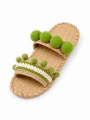 Boho Pom Pom Raffia Sandals for Women – Handmade Woven Flat Summer Slide Sandals