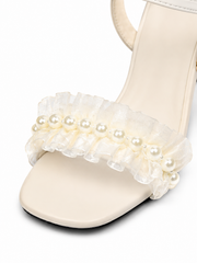 Pearl Bow Block Heel Sandals for Women – Elegant Slingback Dress Heels with Clear Heel