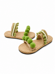 Boho Pom Pom Raffia Sandals for Women – Handmade Woven Flat Summer Slide Sandals