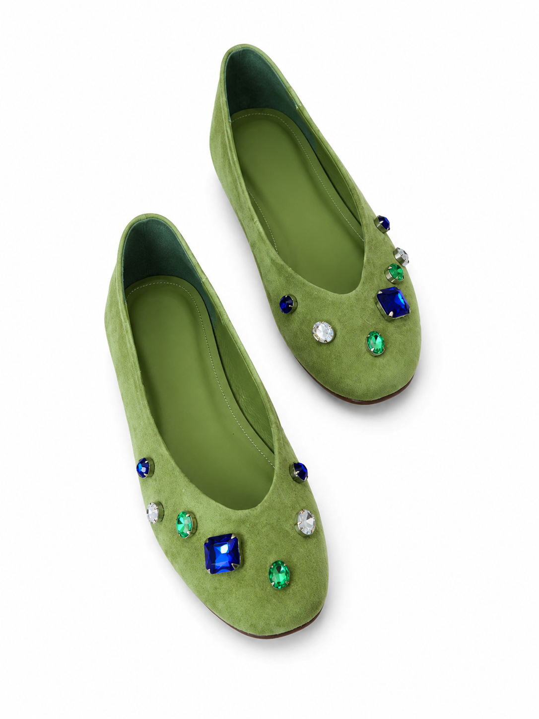 Jewel-Embellished Suede Ballet Flats for Women – Vintage Pointed Toe Slip-On Flats