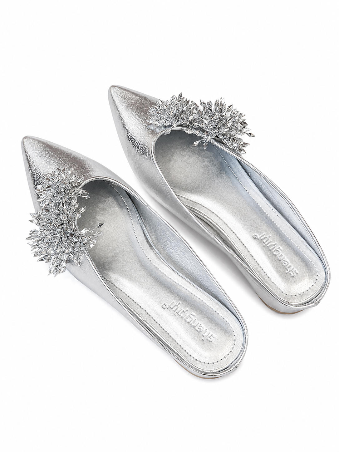 Women’s Rhinestone Mule Flats – Pointed Toe Metallic Slip On Loafers with Crystal Flower Detail