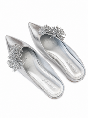 Women’s Rhinestone Mule Flats – Pointed Toe Metallic Slip On Loafers with Crystal Flower Detail