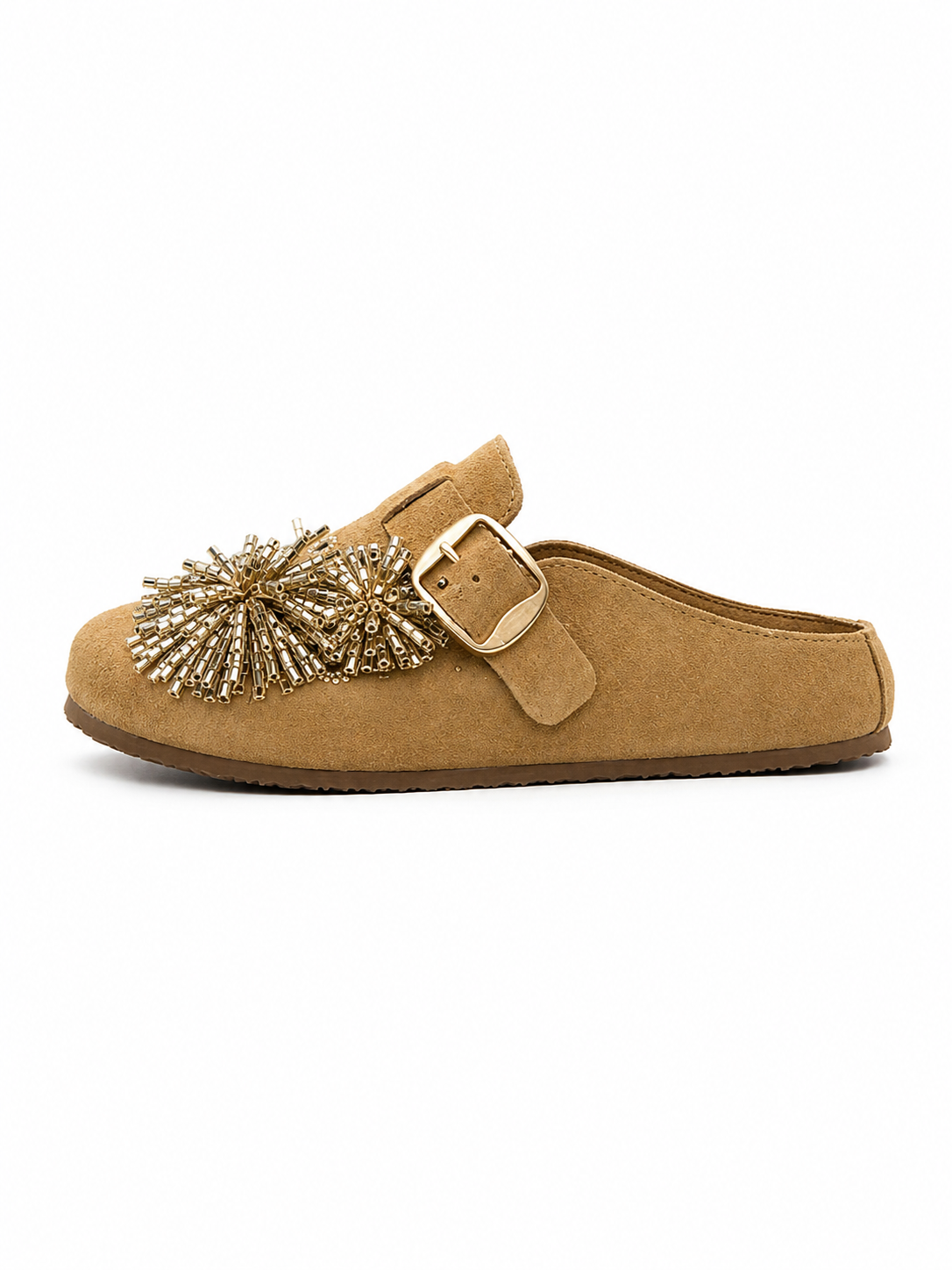 Women's Suede Clog Mules with Statement Beaded Flower Buckle