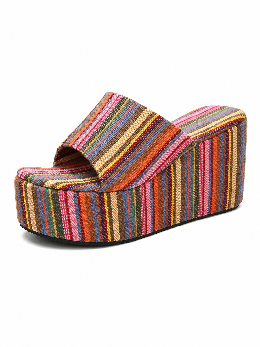 Boho Platform Wedge Slides for Women – Retro Striped Espadrille Slip On Sandals with Thick Sole