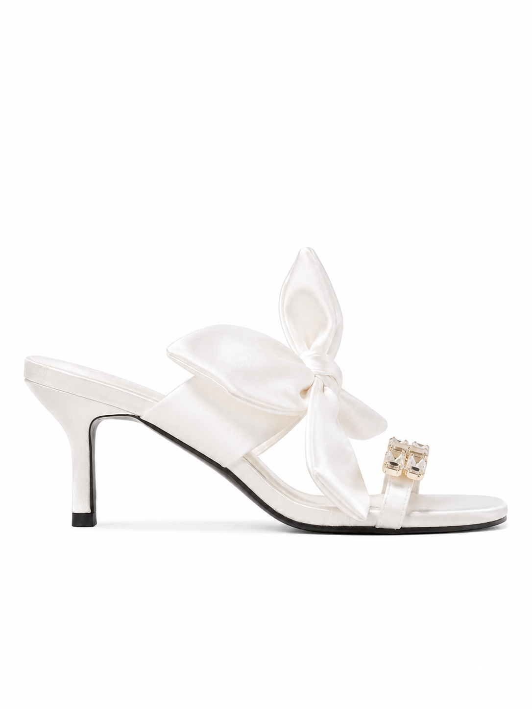 Women's Bow Knot Heeled Sandals – Elegant Open Toe Slip-On Mule Heels with Rhinestone Buckle
