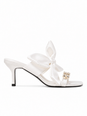 Women's Bow Knot Heeled Sandals – Elegant Open Toe Slip-On Mule Heels with Rhinestone Buckle