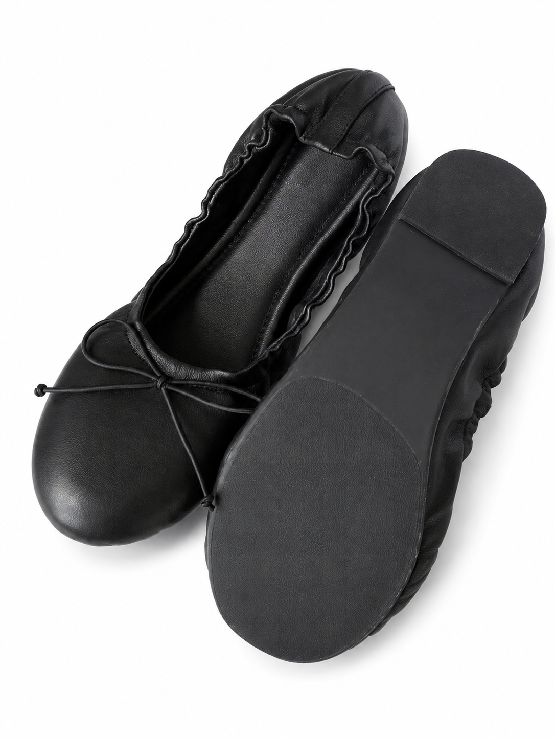 Vintage Ruched Ballet Flats for Women – Soft Leather Bow Ballet Shoes, Foldable Everyday Flats